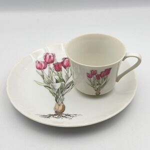 Mann Fine China Tulip Botanical Tea Cup and Saucer Set Vintage White Pink Floral